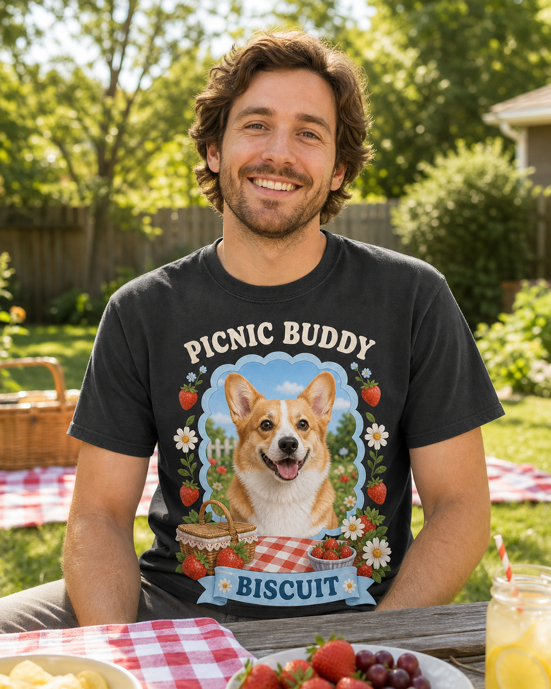 Custom Pet Picnic Buddy Photo Unisex Tee - Personalized Dog & Cat Gift