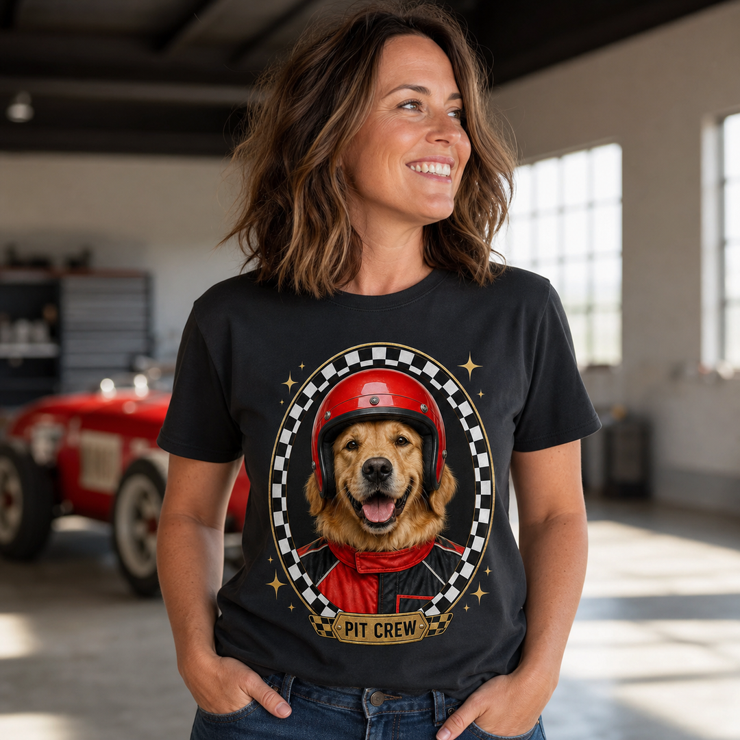 Person wearing custom Pit Crew Pet photo tee in a racing garage setting