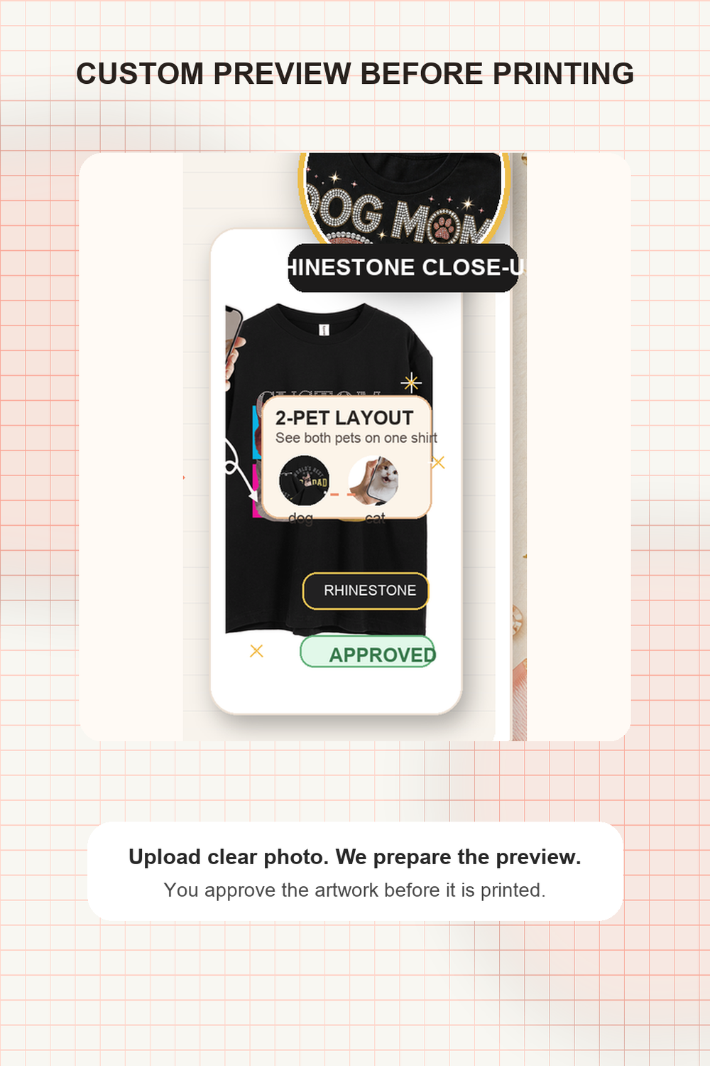 Custom Two Pets Best Friends Bling Unisex Tee scene showing finished custom tee preview