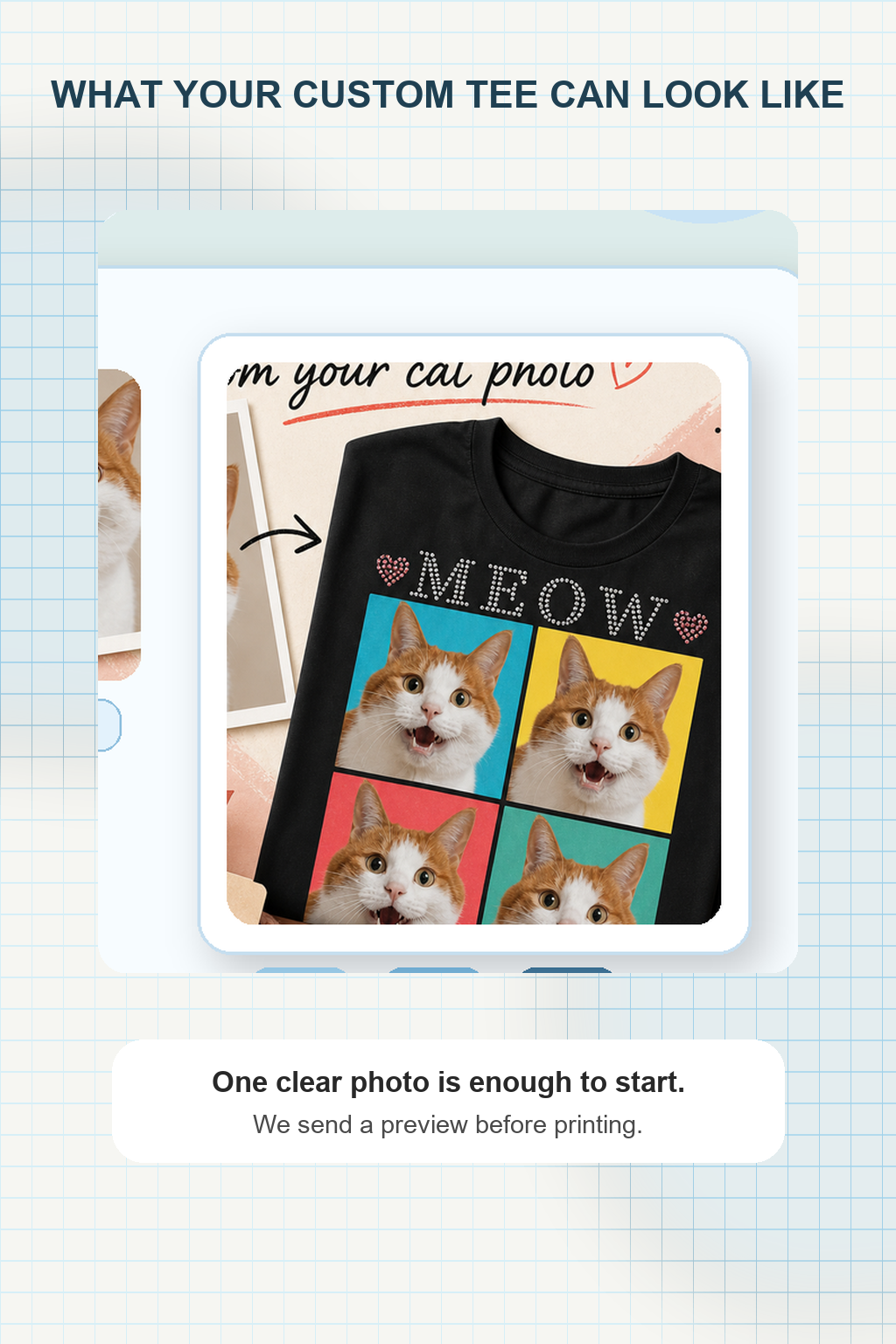 Custom Cool Blue Cat Portrait Bling Unisex Tee scene showing finished custom tee preview