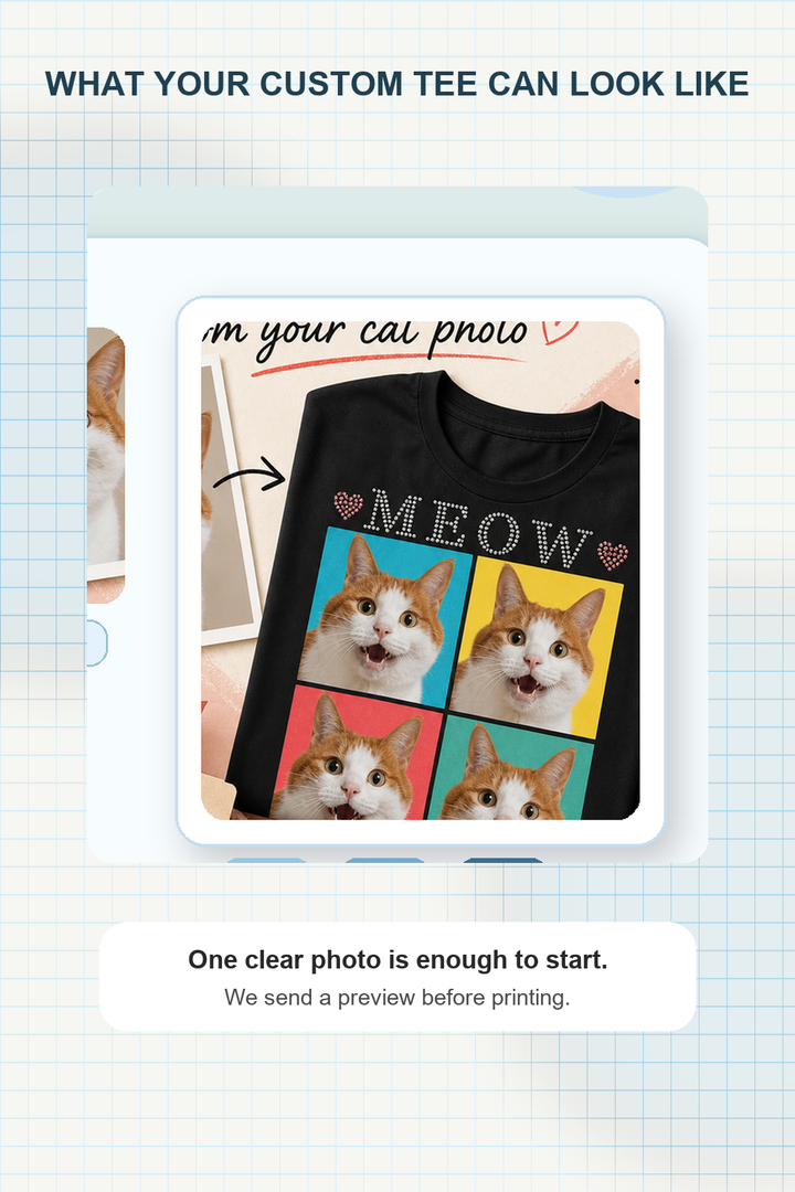 Custom Cool Blue Cat Portrait Bling Unisex Tee scene showing finished custom tee preview
