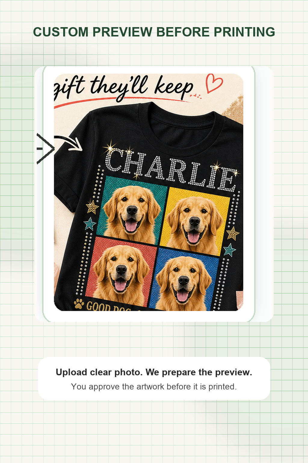 Custom Jade Keepsake Pet Bling Unisex Tee scene showing finished custom tee preview