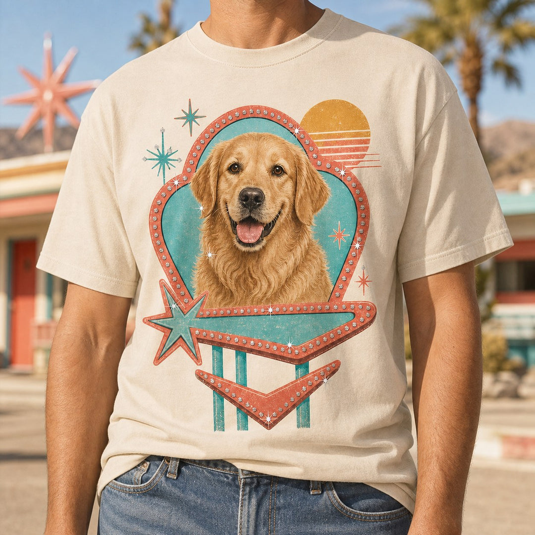 Lifestyle view of custom retro motel pet portrait bling unisex tee