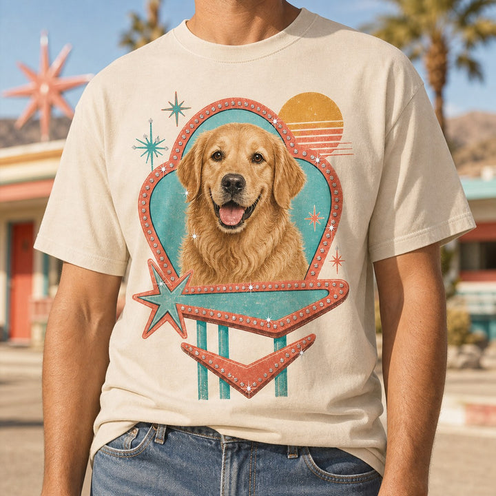 Lifestyle view of custom retro motel pet portrait bling unisex tee