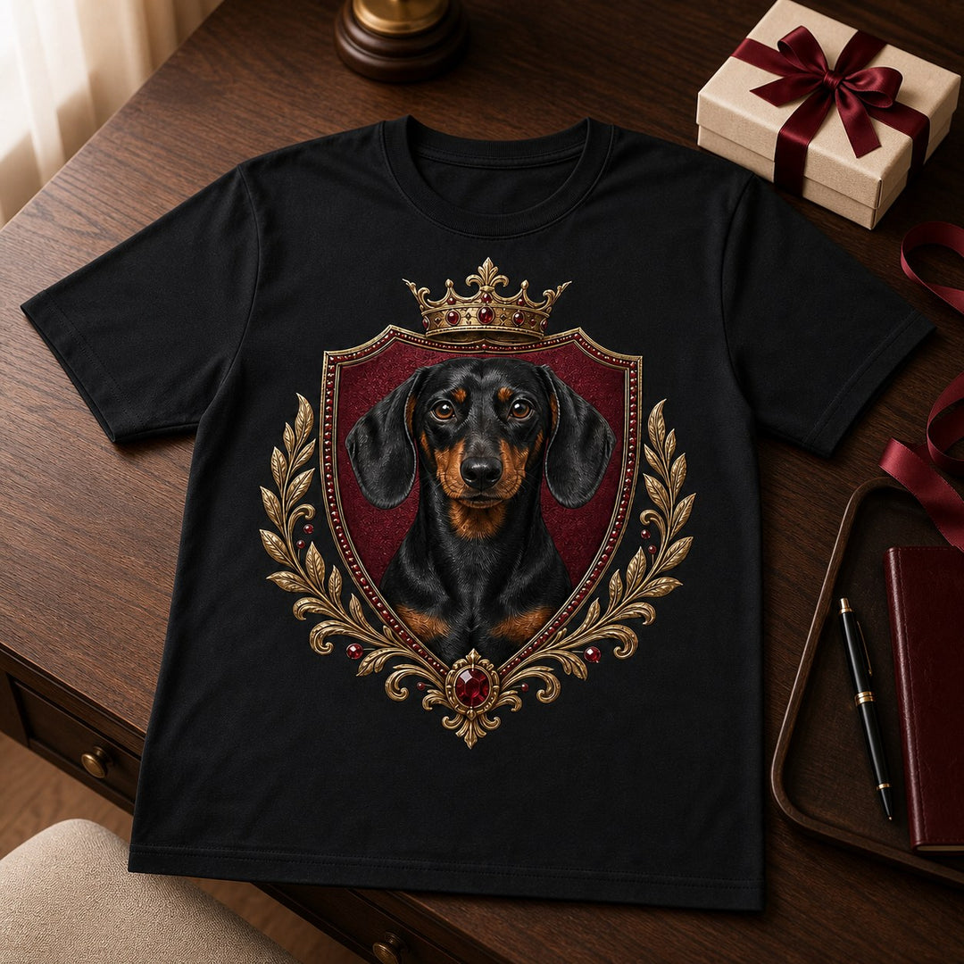 Lifestyle view of custom royal crest pet portrait bling unisex tee