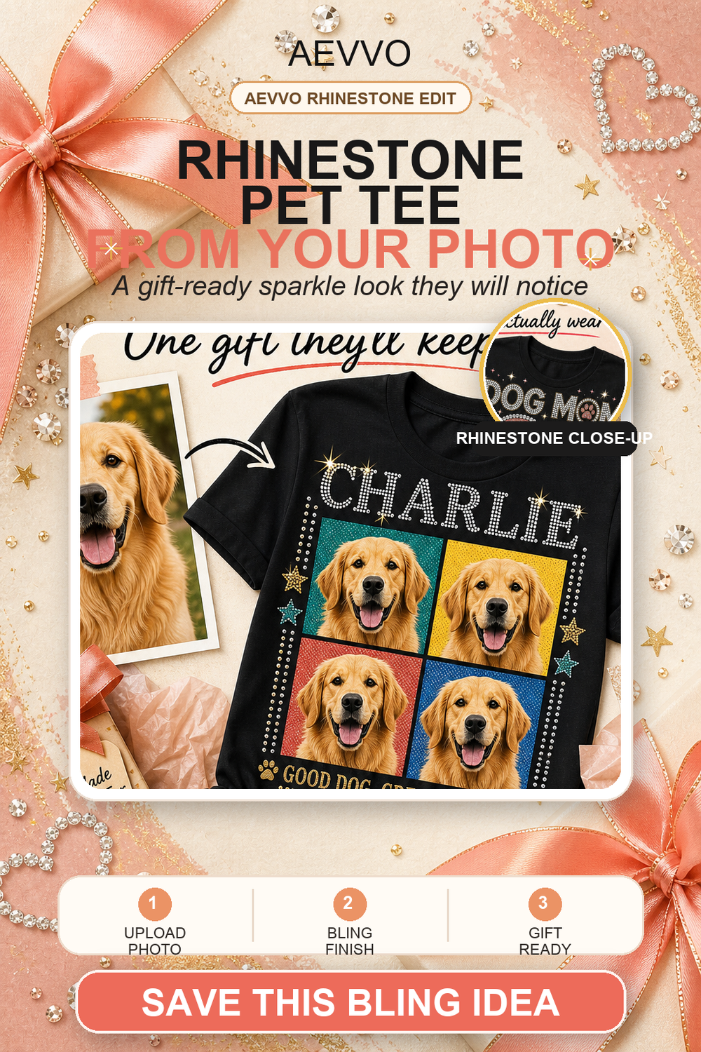 Glamoratti pet portrait gift shirt scene with jewel-tone bling styling