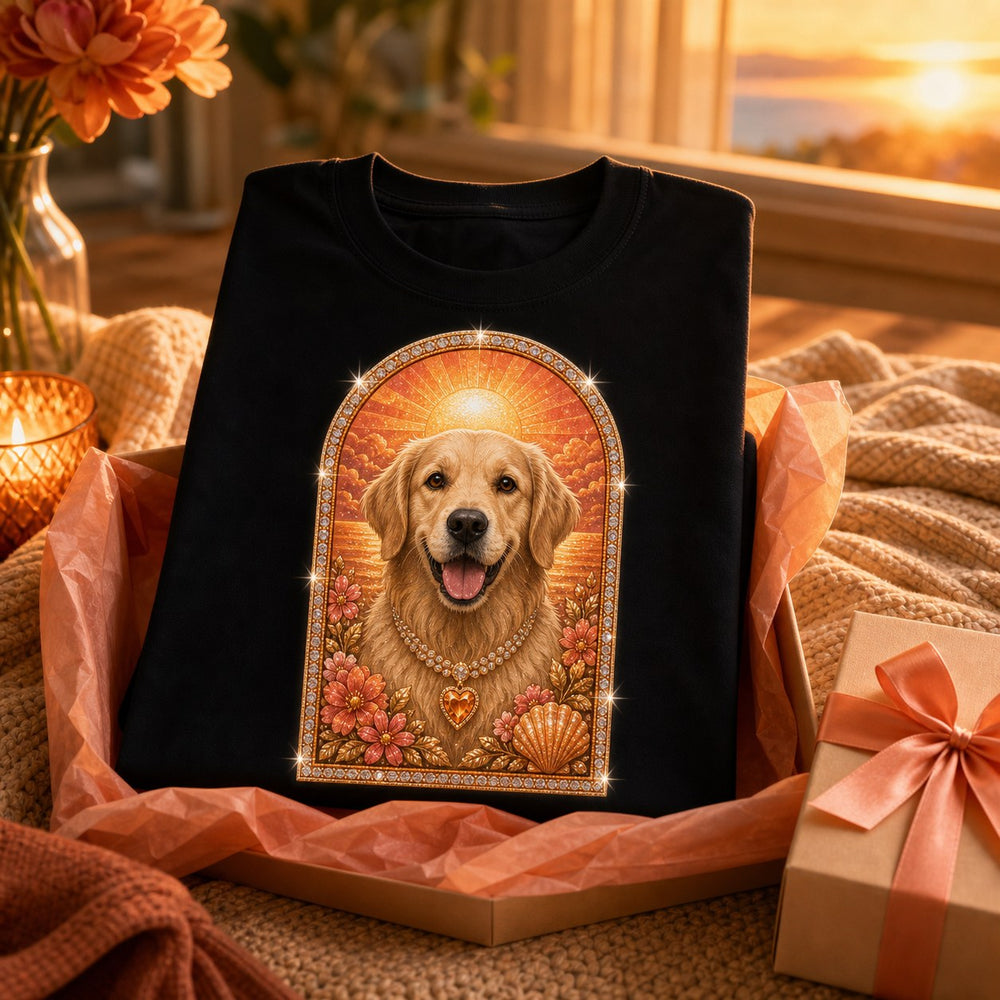 Lifestyle view of custom sunset halo pet portrait bling unisex tee