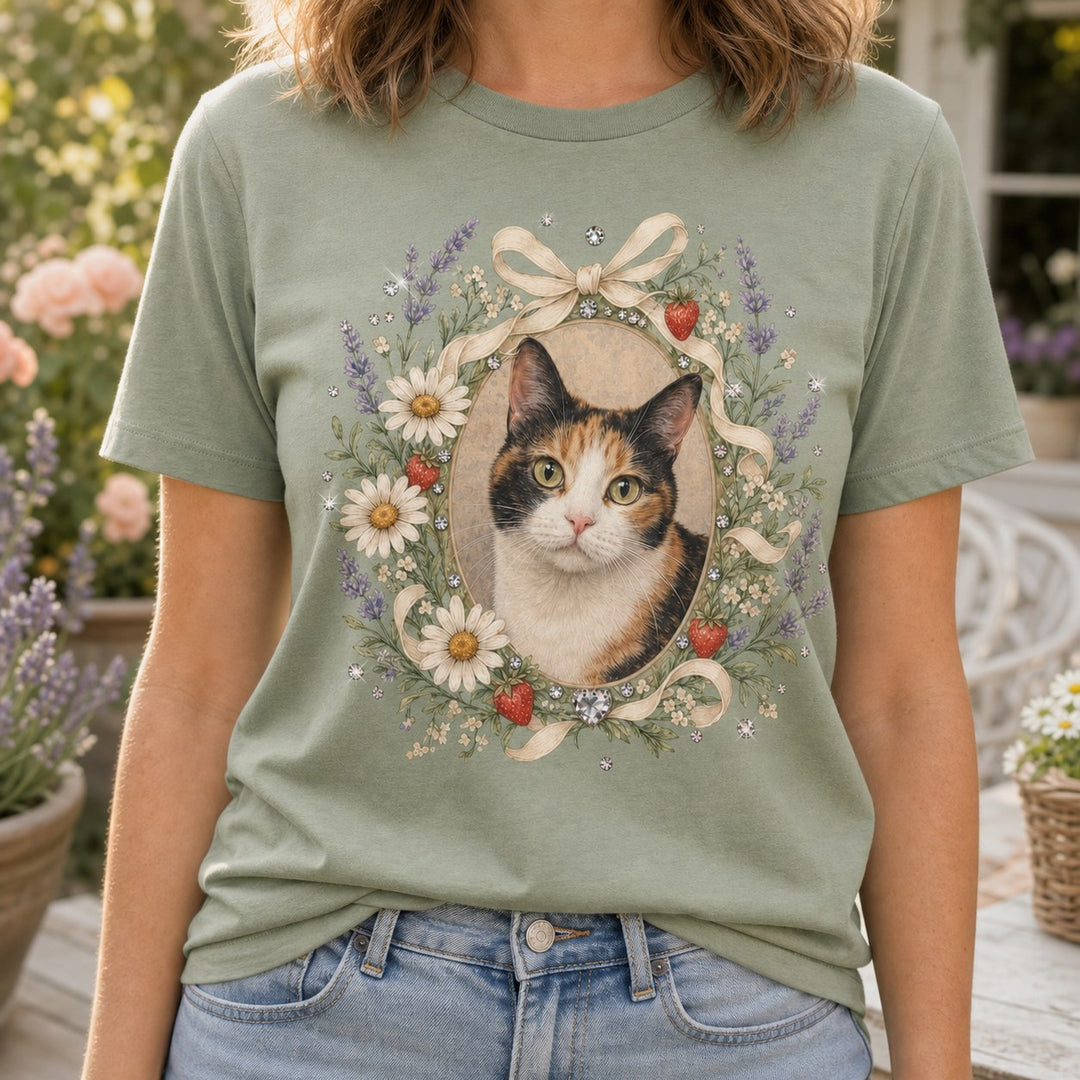 Lifestyle view of custom wildflower cottage pet portrait bling unisex tee