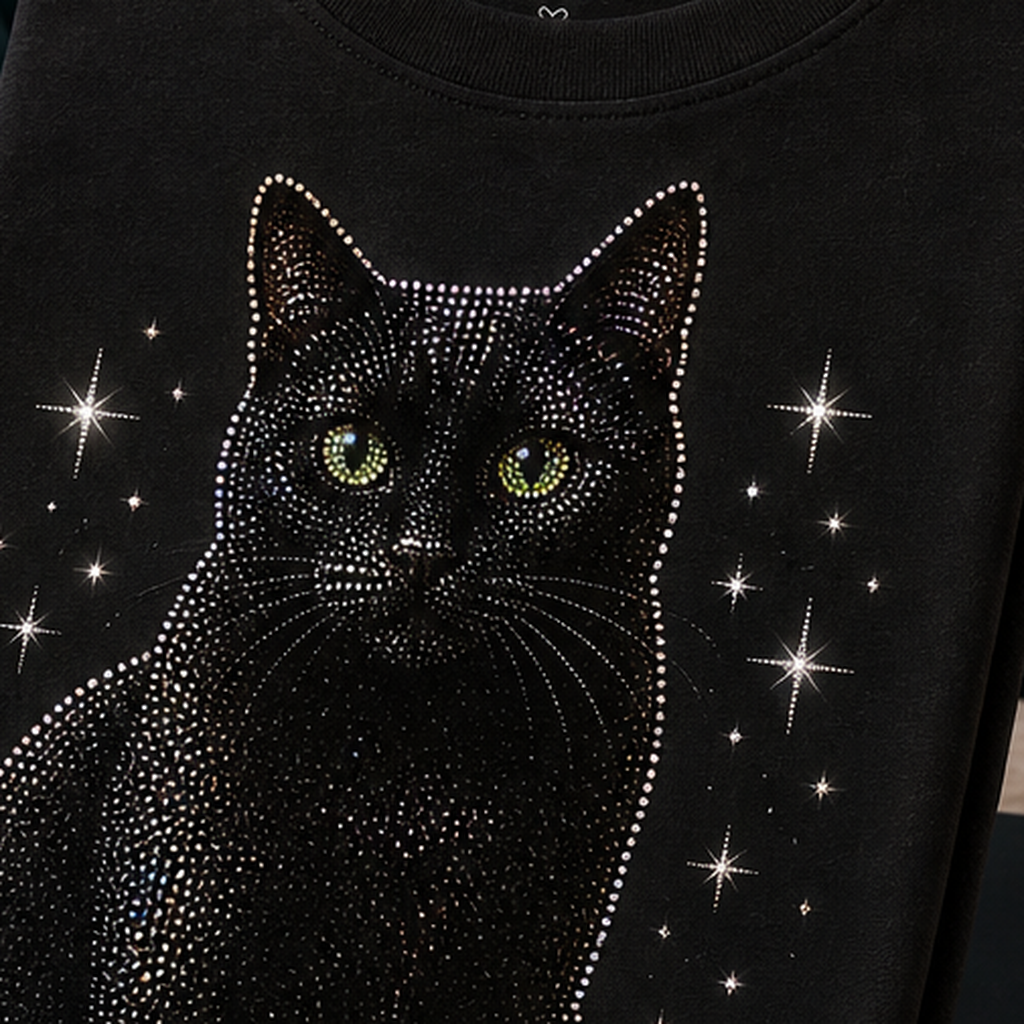 Sparkle detail reference for custom black cat t-shirt