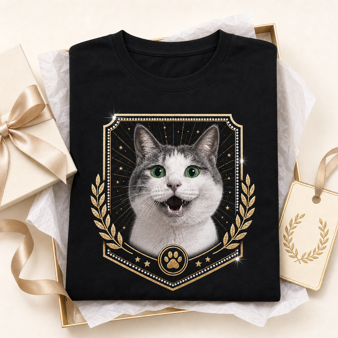 Championship-inspired personalized pet portrait shirt with bold celebratory style