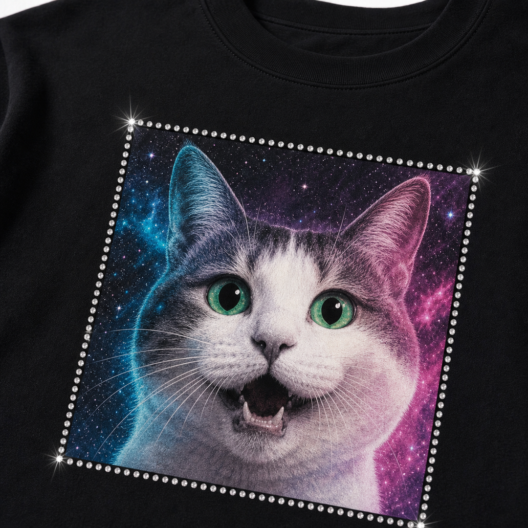 Rhinestone sparkle detail on custom cosmic pet portrait t-shirt