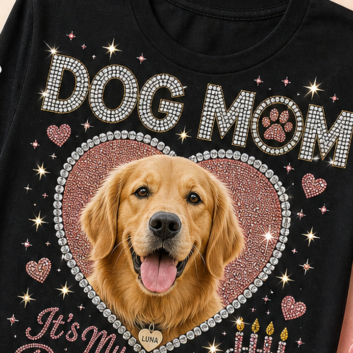 Sparkle detail reference for custom dog mom birthday t-shirt