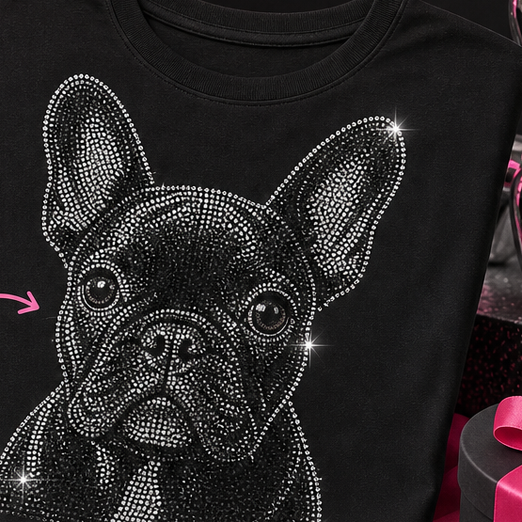 Sparkle detail reference for custom Frenchie photo t-shirt