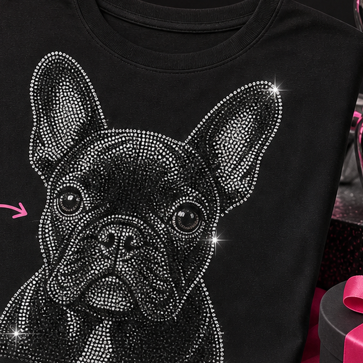 Sparkle detail reference for custom Frenchie photo t-shirt
