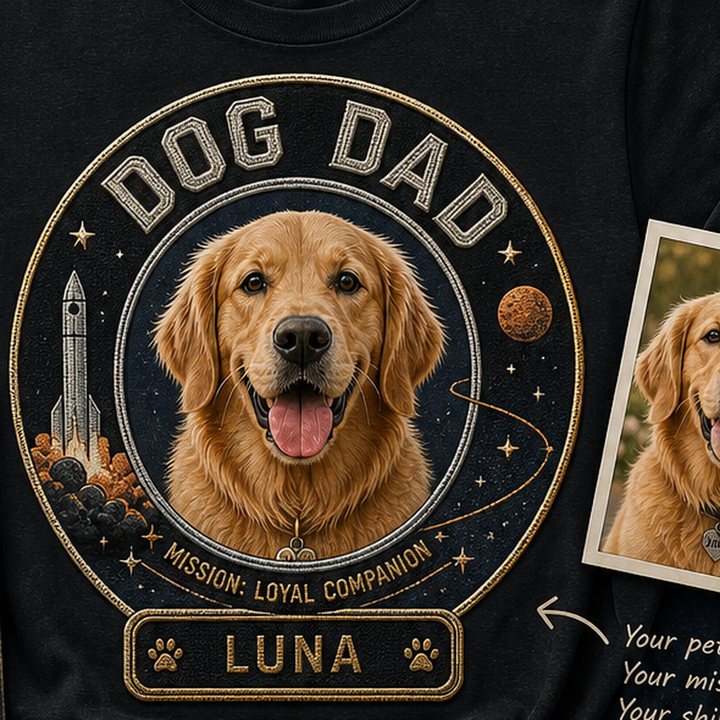Sparkle detail reference for custom rocket mission pet t-shirt