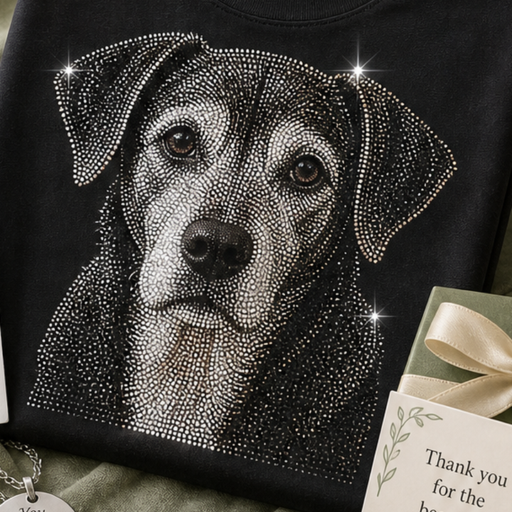 Sparkle detail reference for senior dog keepsake t-shirt