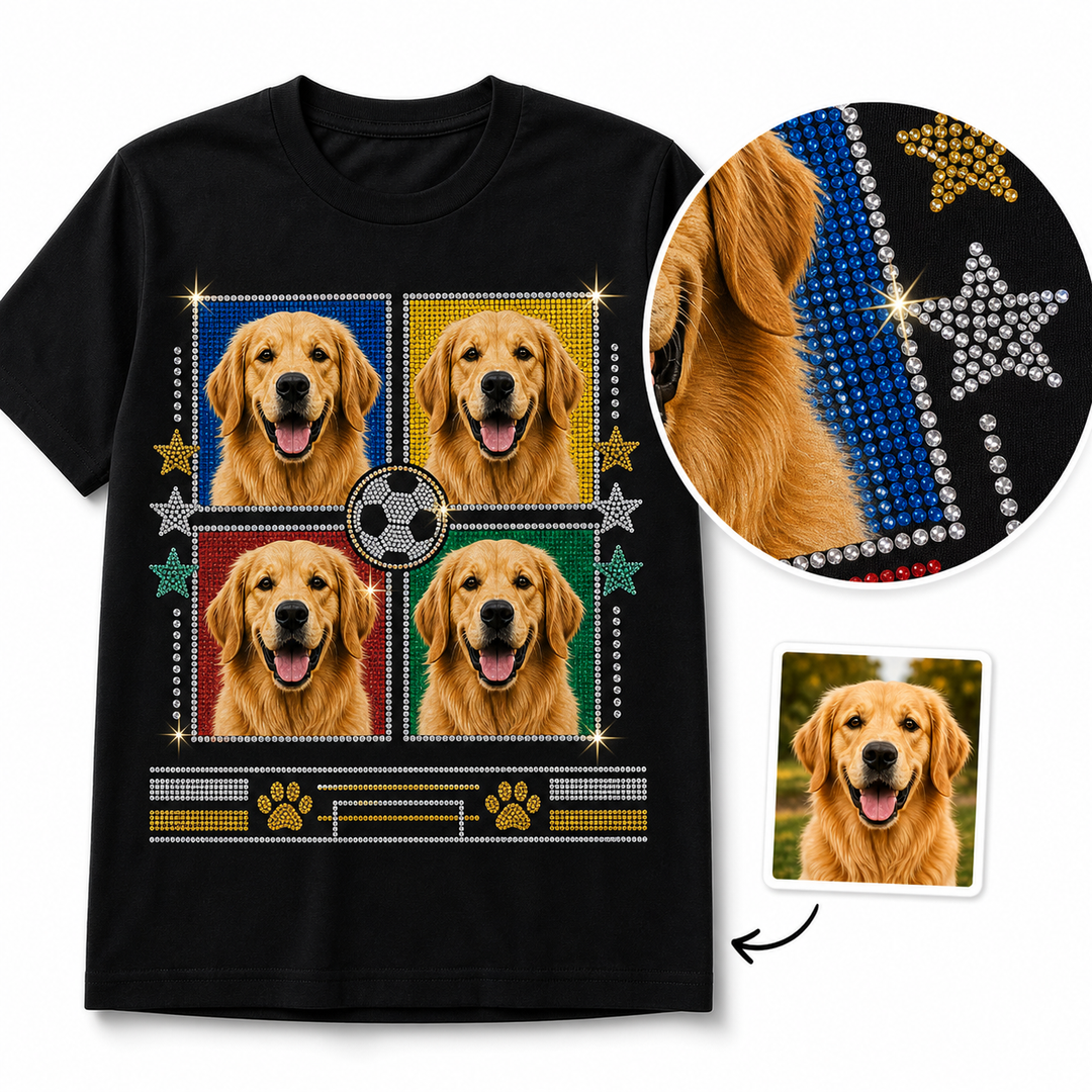 Rhinestone sparkle detail on custom pet portrait t-shirt