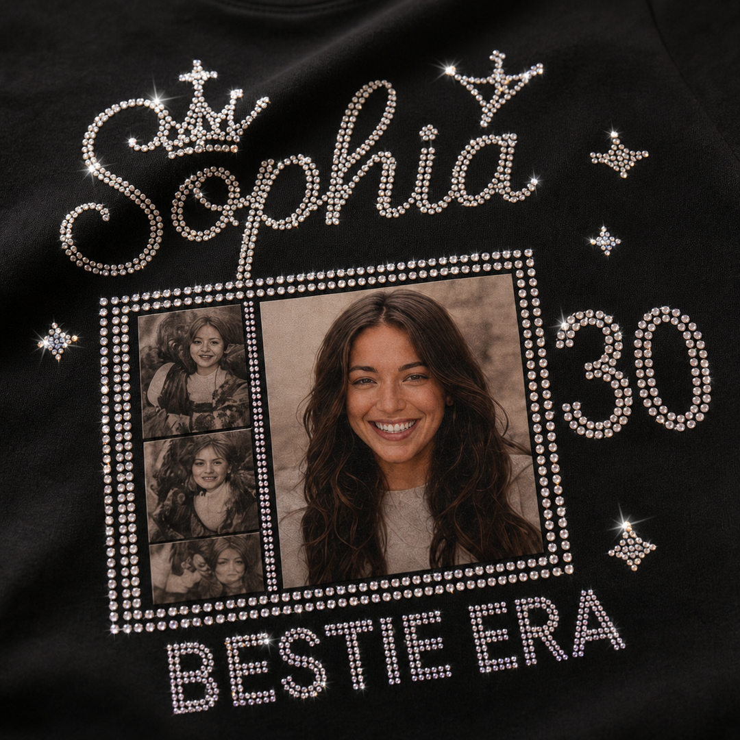 Close detail of custom Bestie Birthday tee with rhinestone-style name age and photo collage