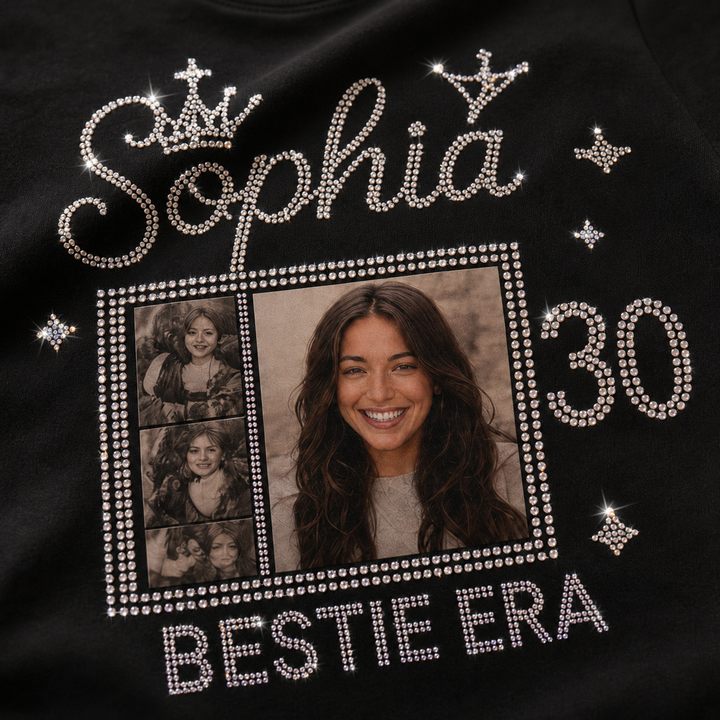 Close detail of custom Bestie Birthday tee with rhinestone-style name age and photo collage