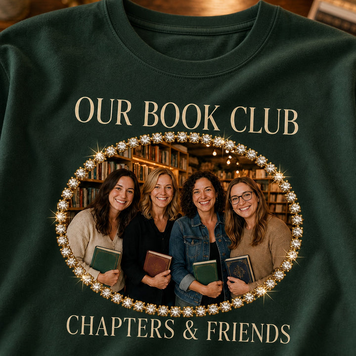 Close-up of the matching book club rhinestone-style photo tee design
