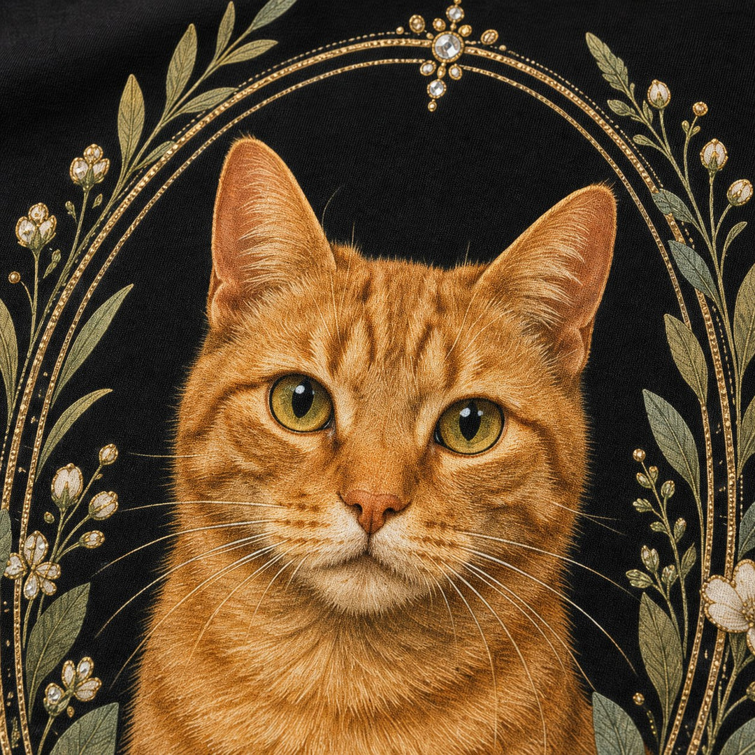 Close-up of botanical garden pet portrait and rhinestone detail