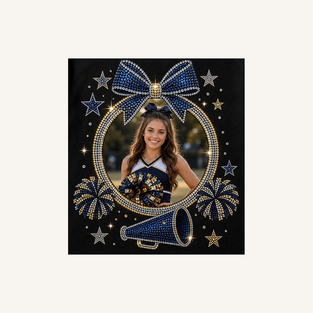 Close-up of the same cheer senior night rhinestone-style photo tee design