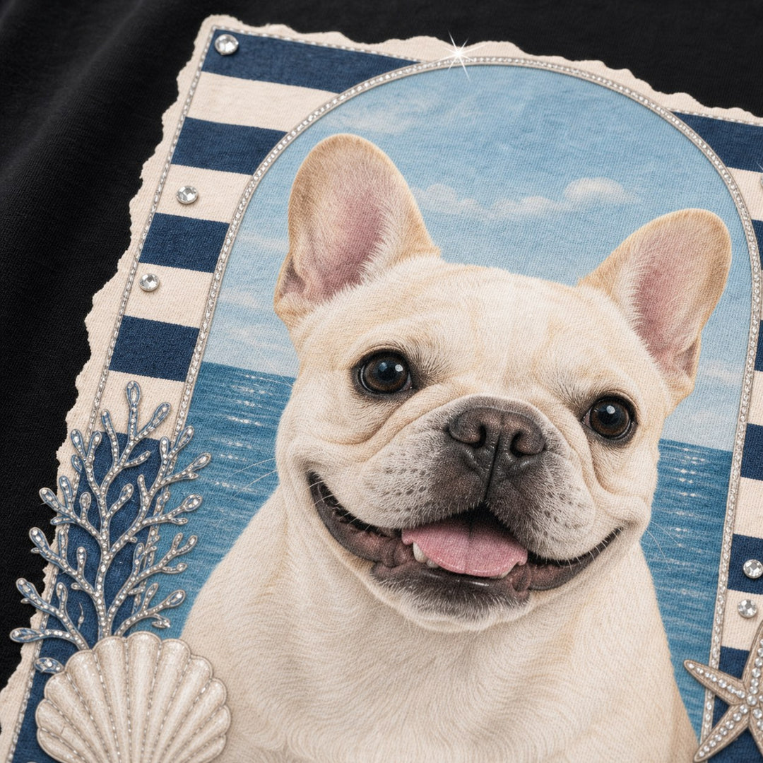 Close-up of coastal postcard pet portrait and rhinestone detail