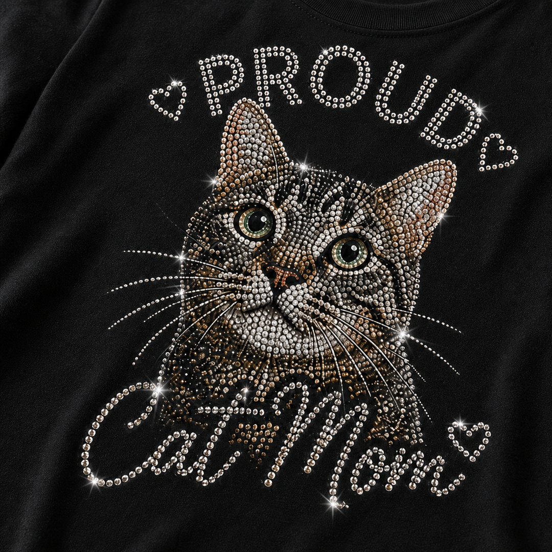 Close detail of custom Cozy Cat Mom tee with rhinestone-style lettering and cat photo