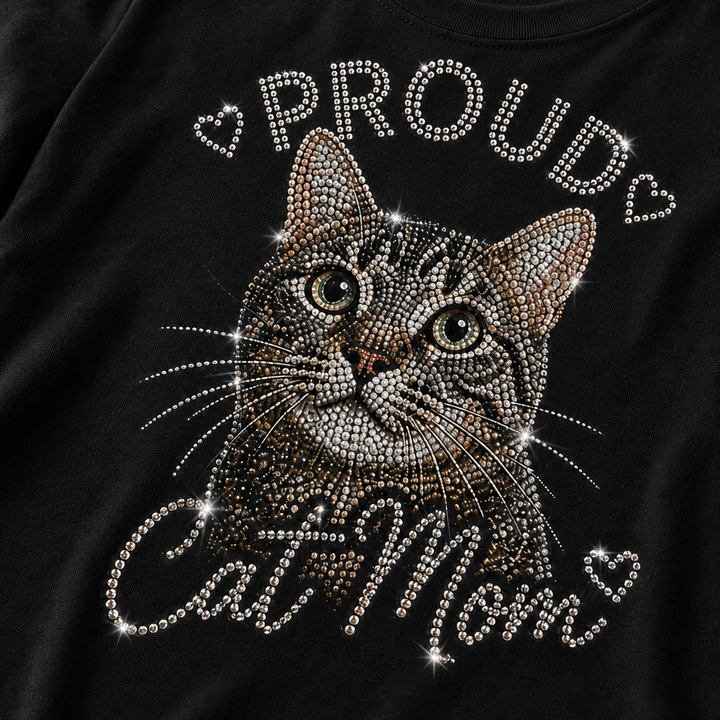 Close detail of custom Cozy Cat Mom tee with rhinestone-style lettering and cat photo