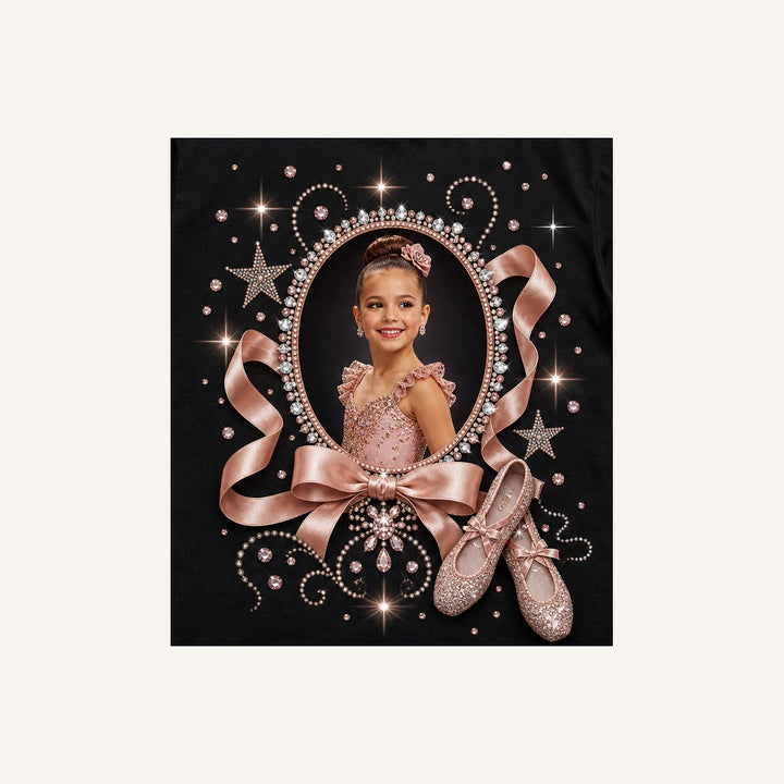 Close-up of the same dance recital rhinestone-style photo tee design