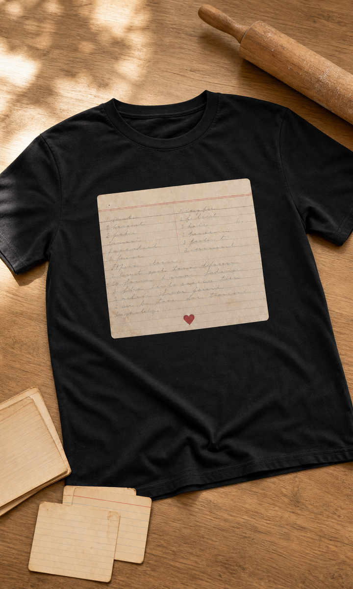 Close detail of custom family recipe keepsake tee with handwritten recipe card print