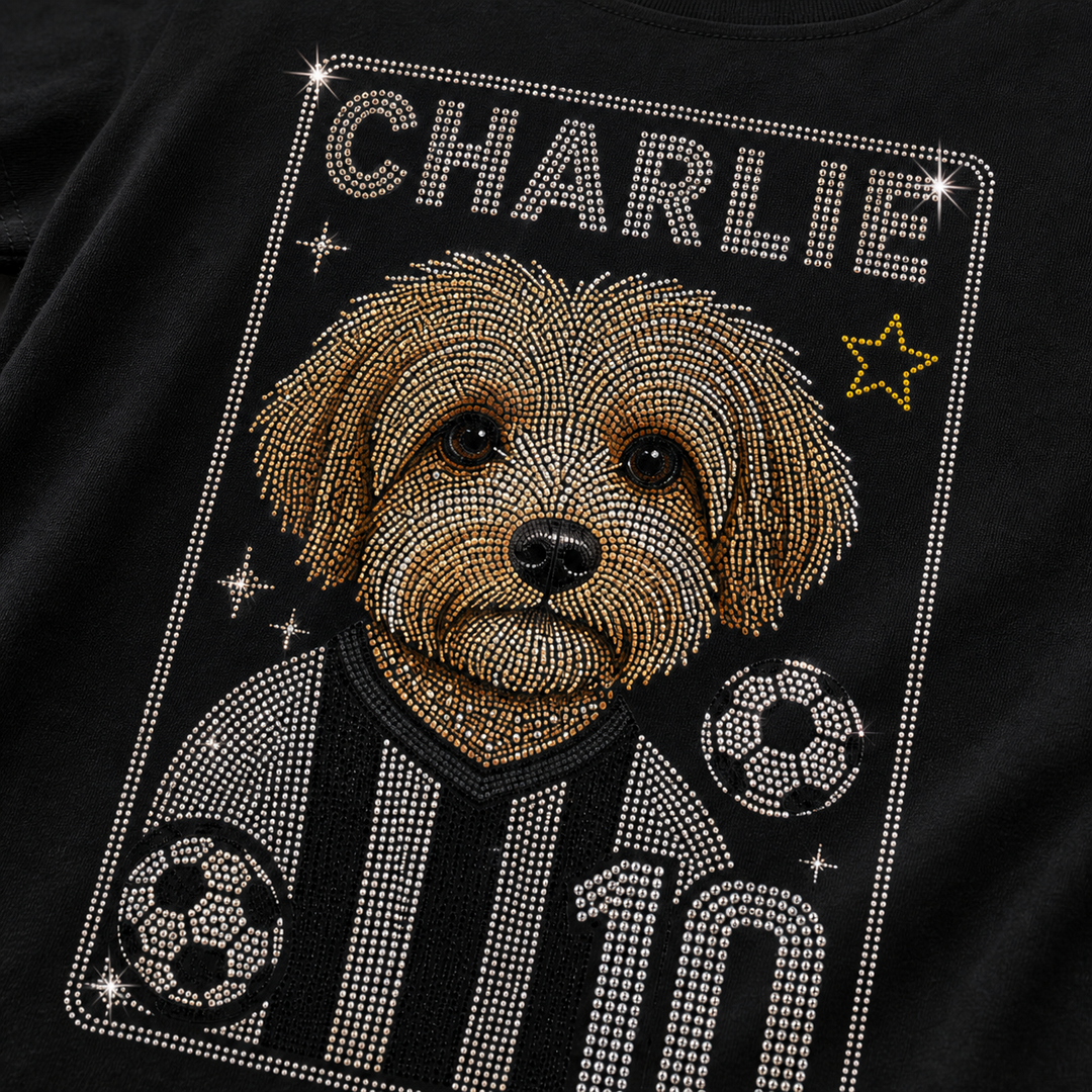 Close detail of custom Game Day Pet Fan tee with rhinestone-style pet portrait and number