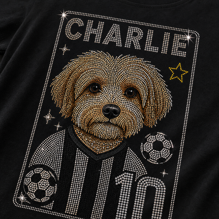 Close detail of custom Game Day Pet Fan tee with rhinestone-style pet portrait and number