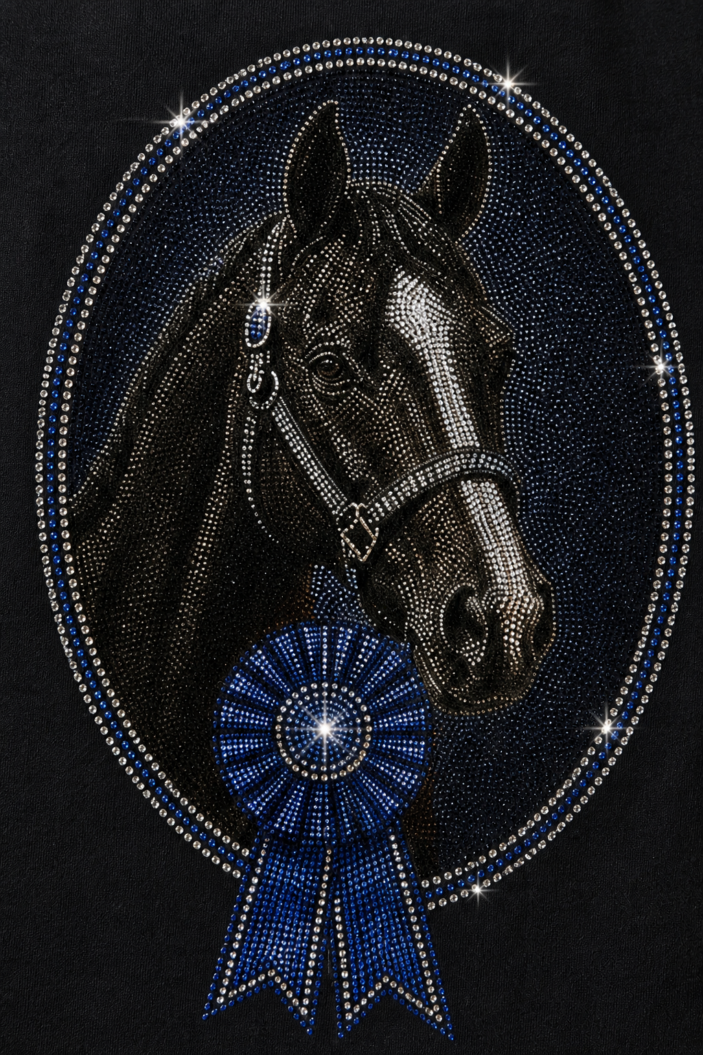 Close-up of the matching horse show ribbon rhinestone-style tee design