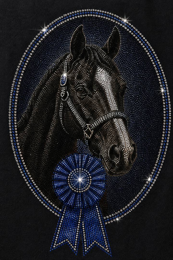 Close-up of the matching horse show ribbon rhinestone-style tee design