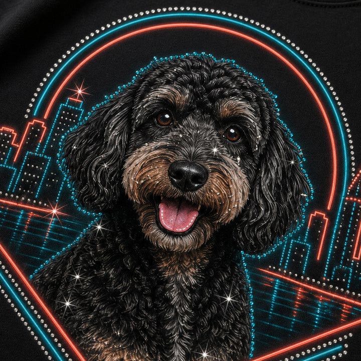 Close-up of neon city pet portrait and rhinestone detail