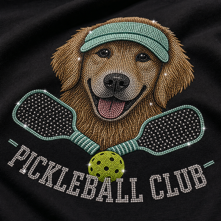 Close detail of custom Pickleball Club Pet tee with rhinestone-style dog portrait and paddles