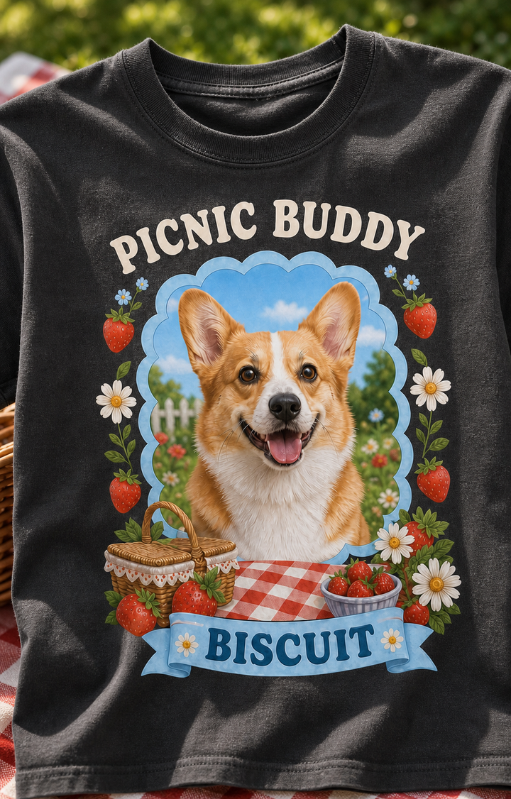 Custom Pet Picnic Buddy Photo Unisex Tee - Personalized Dog & Cat Gift