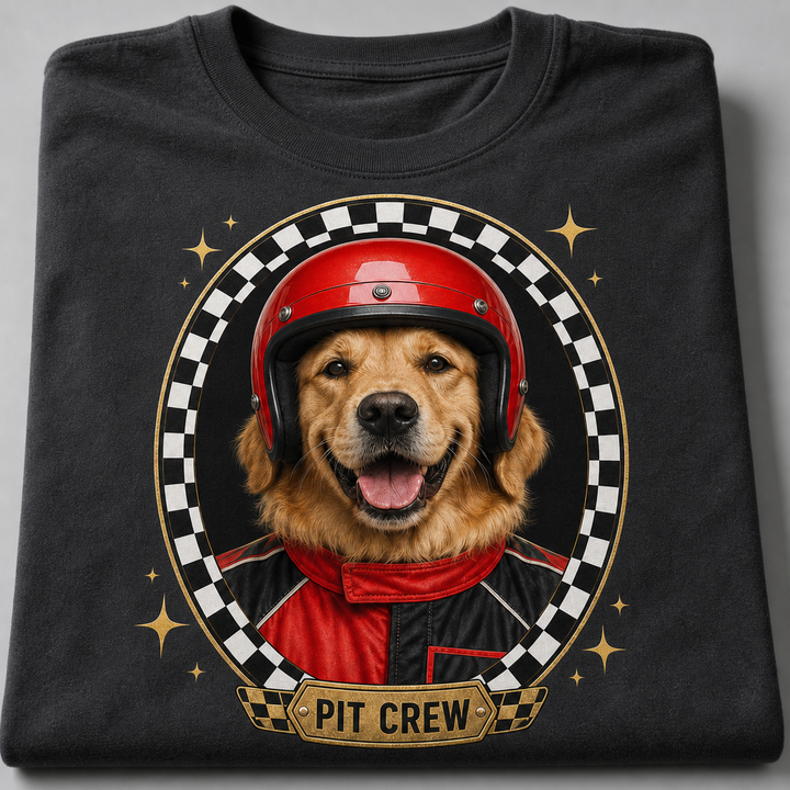 Close detail of custom Pit Crew Pet tee with racing helmet portrait, checkered frame, and gold sparkle accents