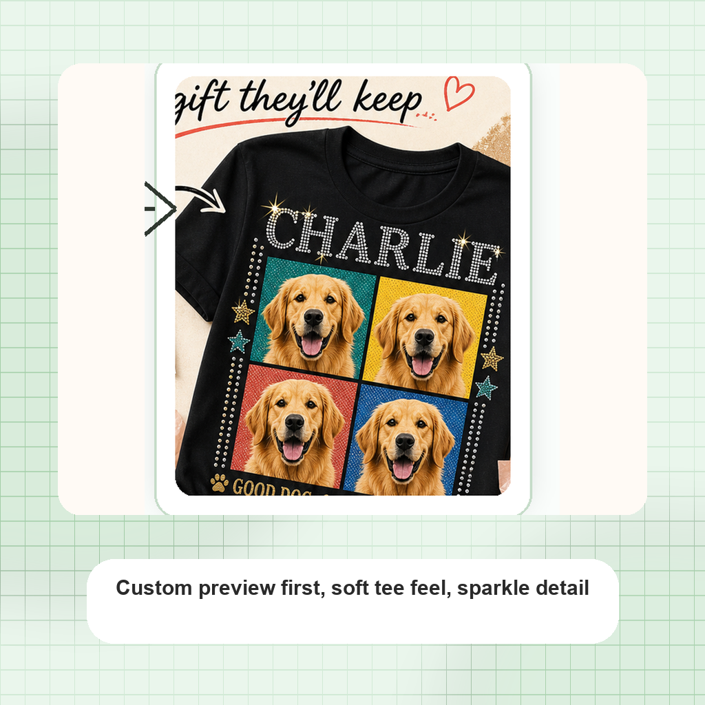 Custom Jade Keepsake Pet Bling Unisex Tee sparkle detail and custom print close-up