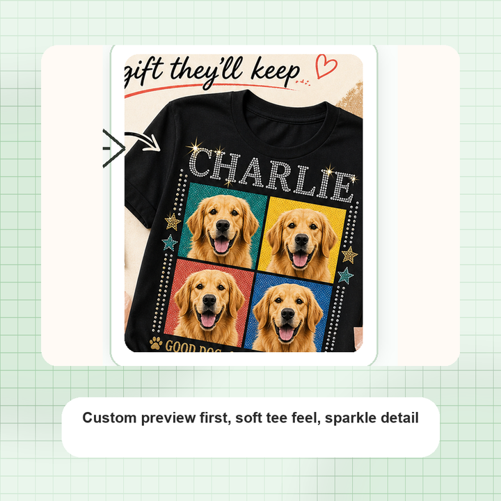 Custom Jade Keepsake Pet Bling Unisex Tee sparkle detail and custom print close-up