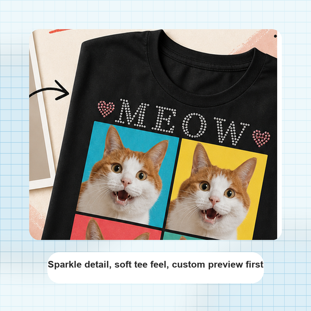 Custom Cool Blue Cat Portrait Bling Unisex Tee sparkle detail and custom print close-up