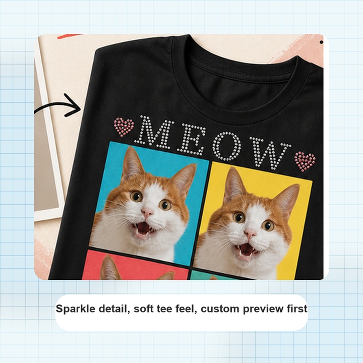 Custom Cool Blue Cat Portrait Bling Unisex Tee sparkle detail and custom print close-up