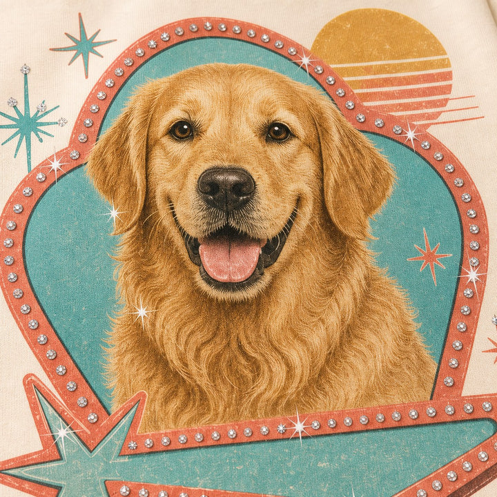 Close-up of retro motel pet portrait and rhinestone detail