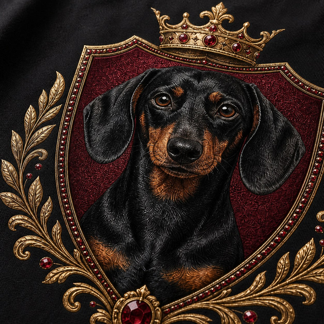 Close-up of royal crest pet portrait and rhinestone detail