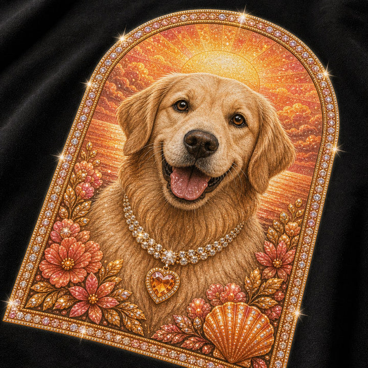 Close-up of sunset halo pet portrait and rhinestone detail