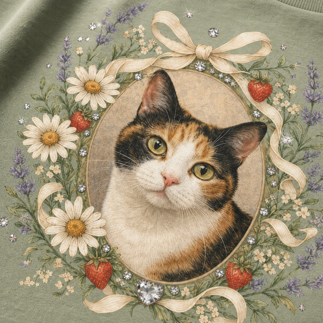 Close-up of wildflower cottage pet portrait and rhinestone detail