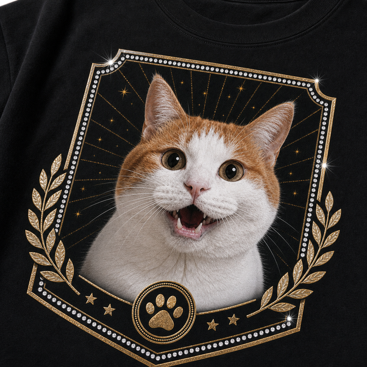 Rhinestone sparkle detail on custom championship pet portrait t-shirt