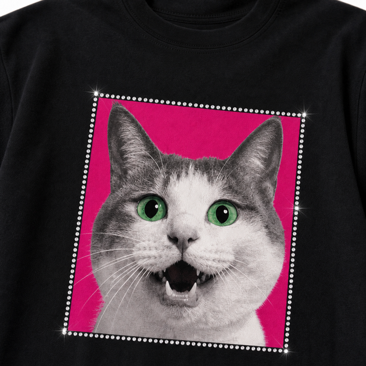 Rhinestone sparkle detail on personalized pet portrait t-shirt