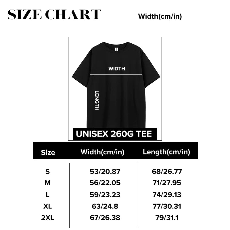 Unisex tee size chart for custom Frenchie gift shirt